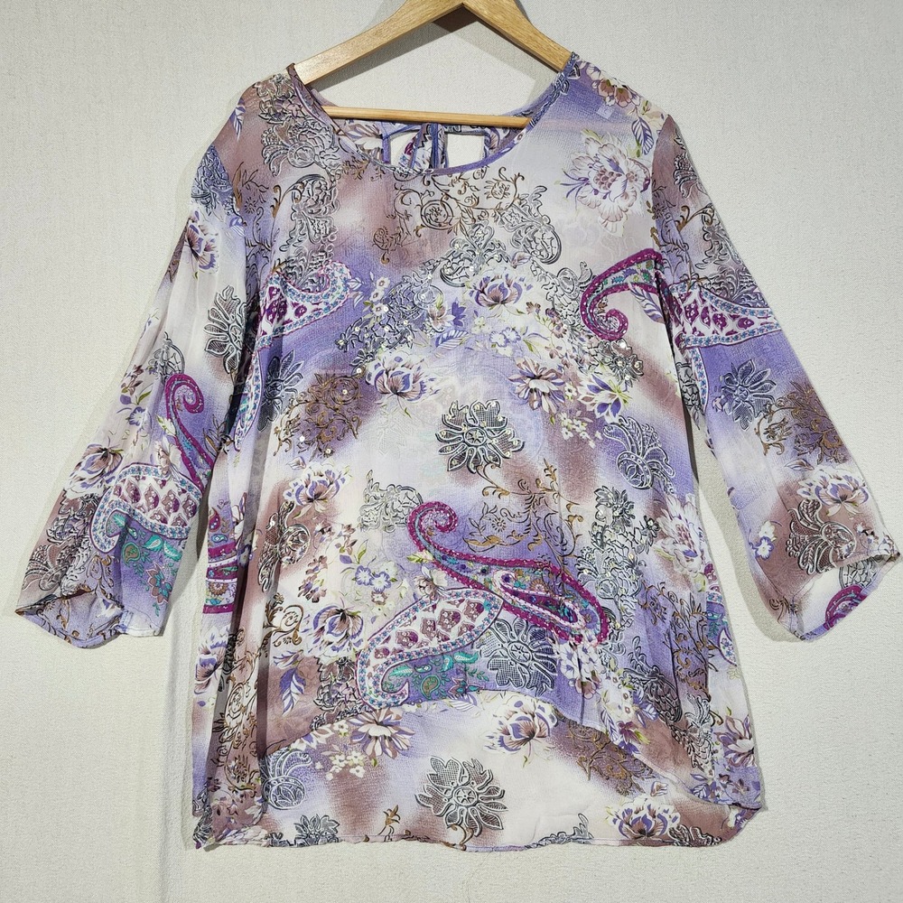Soft Surroundings Purple Paisley Sequin Beaded Rayon Blouse Sheer Womens L Boho